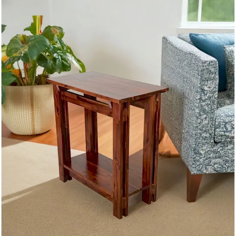 Table d'appoint en bois d'acacia massif, naturel/acajou, avec étagère inférieure et pieds réglables