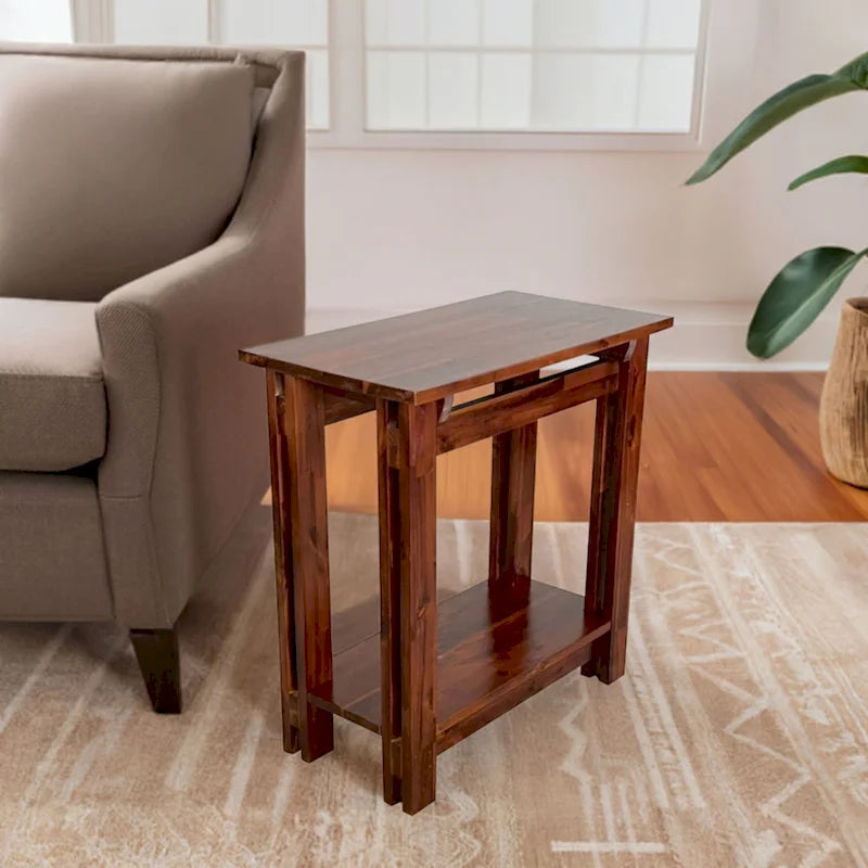 Table d'appoint en bois d'acacia massif, naturel/acajou, avec étagère inférieure et pieds réglables