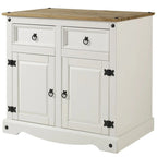 Buffet compact style cottage, blanc antique, pin massif, 2 tiroirs et 2 portes