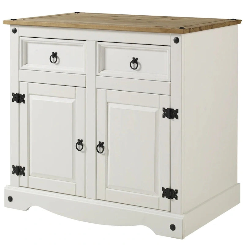 Buffet compact style cottage, blanc antique, pin massif, 2 tiroirs et 2 portes