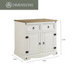 Buffet compact style cottage, blanc antique, pin massif, 2 tiroirs et 2 portes