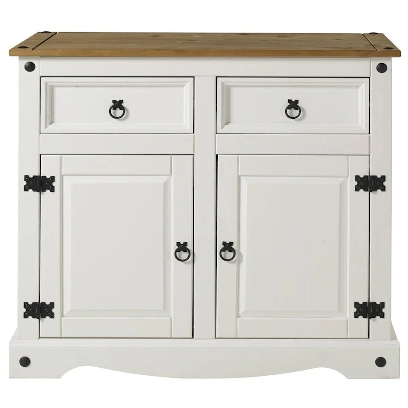 Buffet compact style cottage, blanc antique, pin massif, 2 tiroirs et 2 portes