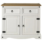Buffet compact style cottage, blanc antique, pin massif, 2 tiroirs et 2 portes