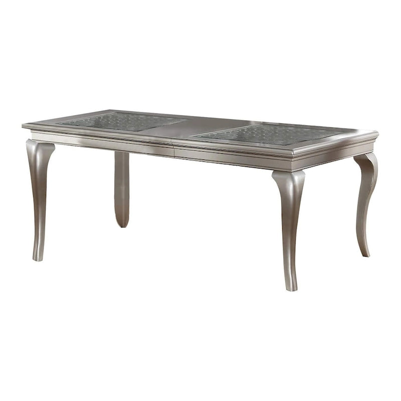 Table de salle à manger extensible avec insert en verre, Argent Champagne, Style Transitionnel, 6 places