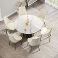 Table à manger ronde moderne en pierre frittée, base blanche / noire et or, plateau tournant optionnel, pour 4-6 personnes