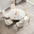 Table à manger ronde moderne en pierre frittée, base blanche / noire et or, plateau tournant optionnel, pour 4-6 personnes
