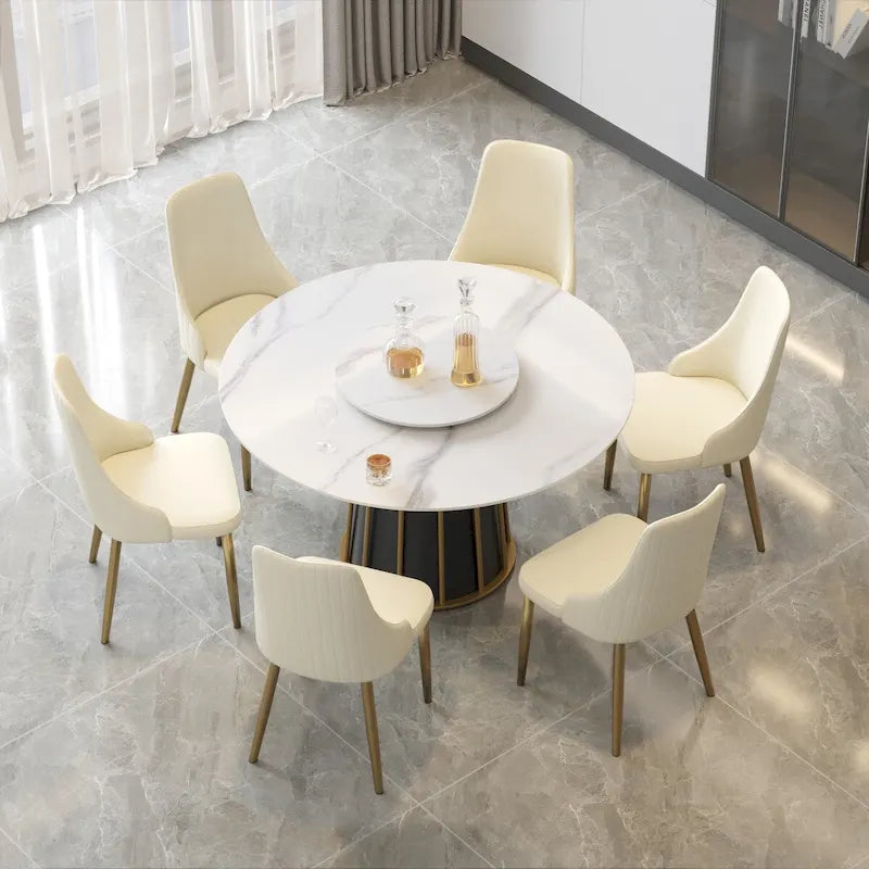 Table à manger ronde moderne en pierre frittée, base blanche / noire et or, plateau tournant optionnel, pour 4-6 personnes