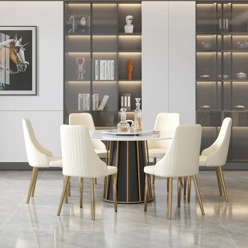 Table à manger ronde moderne en pierre frittée, base blanche / noire et or, plateau tournant optionnel, pour 4-6 personnes