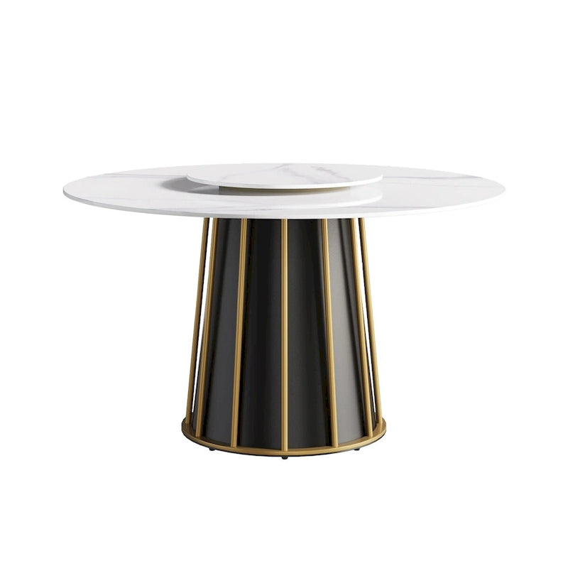 Table à manger ronde moderne en pierre frittée, base blanche / noire et or, plateau tournant optionnel, pour 4-6 personnes