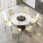Table à manger ronde moderne en pierre frittée, base blanche / noire et or, plateau tournant optionnel, pour 4-6 personnes