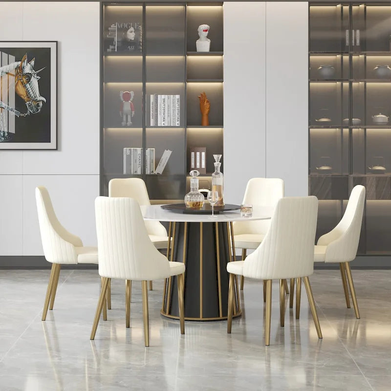 Table à manger ronde moderne en pierre frittée, base blanche / noire et or, plateau tournant optionnel, pour 4-6 personnes