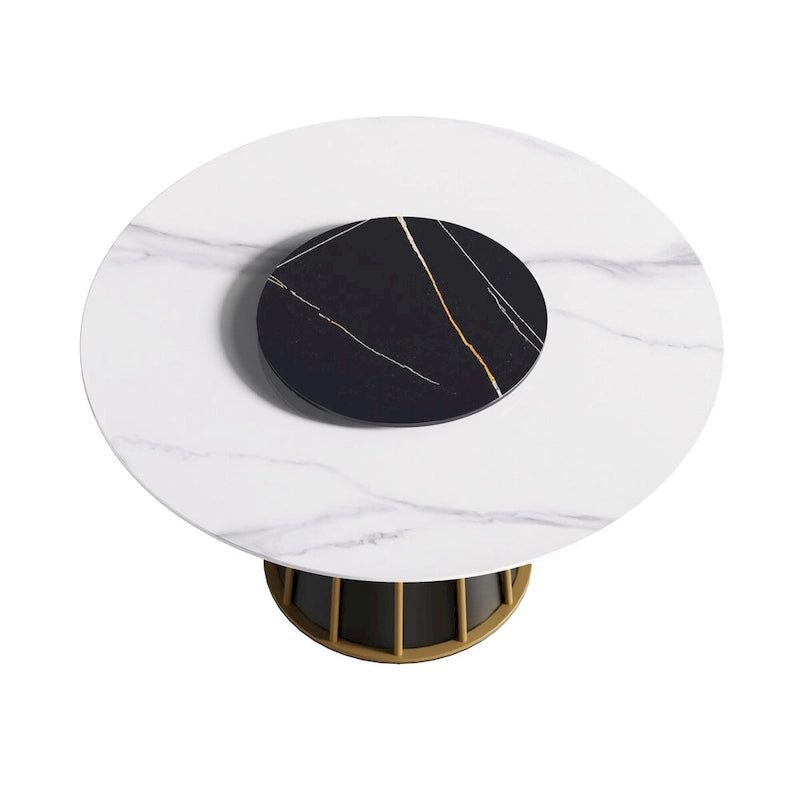 Table à manger ronde moderne en pierre frittée, base blanche / noire et or, plateau tournant optionnel, pour 4-6 personnes