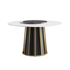 Table à manger ronde moderne en pierre frittée, base blanche / noire et or, plateau tournant optionnel, pour 4-6 personnes