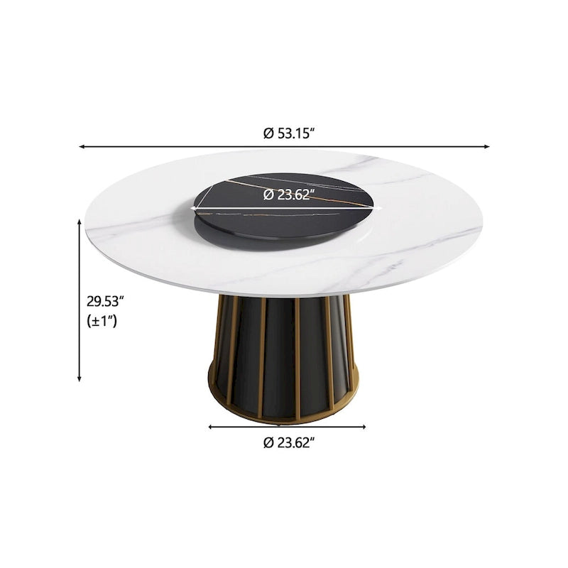 Table à manger ronde moderne en pierre frittée, base blanche / noire et or, plateau tournant optionnel, pour 4-6 personnes