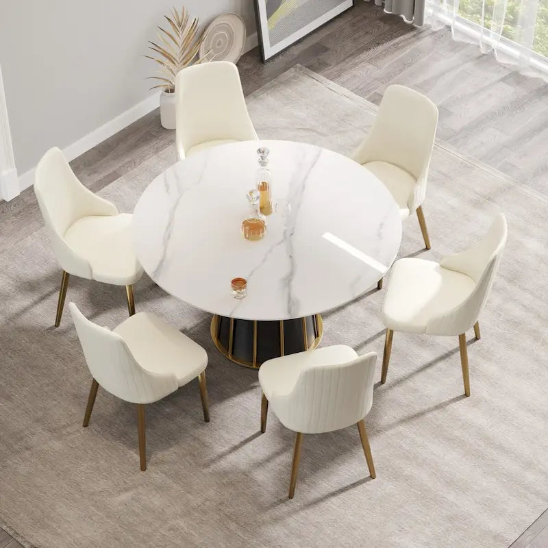 Table à manger ronde moderne en pierre frittée, base blanche / noire et or, plateau tournant optionnel, pour 4-6 personnes