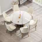 Table à manger ronde moderne en pierre frittée, base blanche / noire et or, plateau tournant optionnel, pour 4-6 personnes