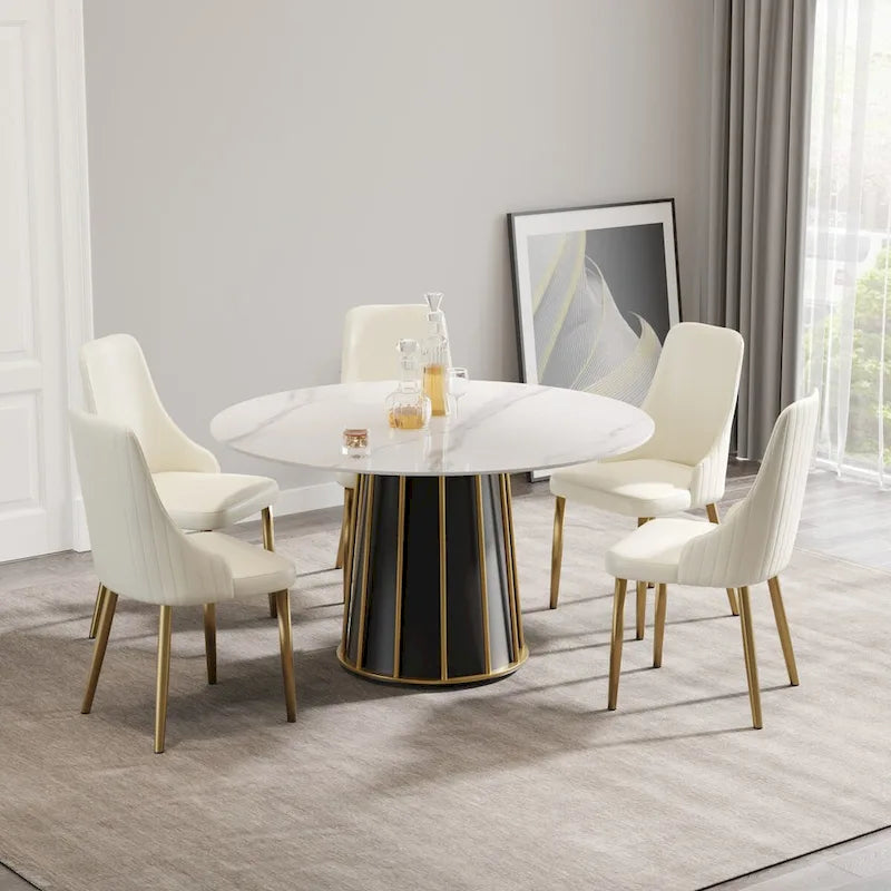 Table à manger ronde moderne en pierre frittée, base blanche / noire et or, plateau tournant optionnel, pour 4-6 personnes
