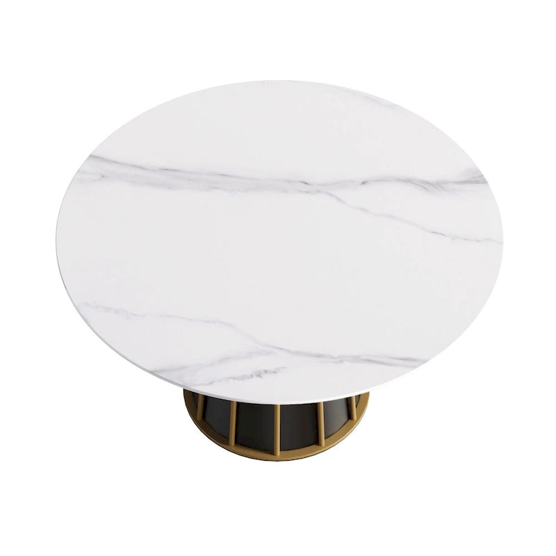 Table à manger ronde moderne en pierre frittée, base blanche / noire et or, plateau tournant optionnel, pour 4-6 personnes