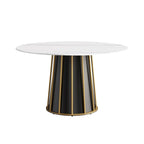 Table à manger ronde moderne en pierre frittée, base blanche / noire et or, plateau tournant optionnel, pour 4-6 personnes