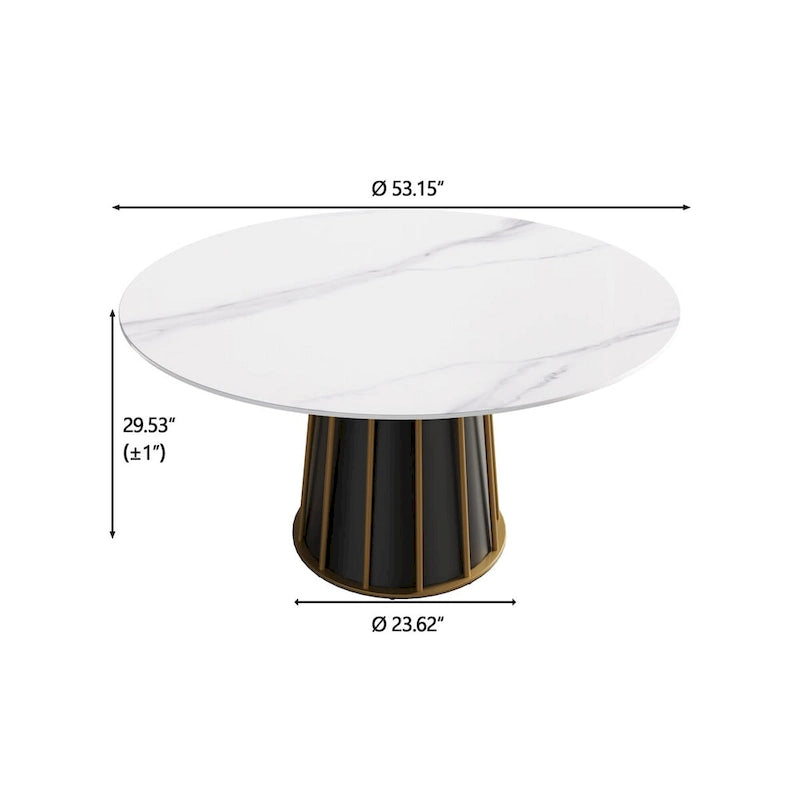 Table à manger ronde moderne en pierre frittée, base blanche / noire et or, plateau tournant optionnel, pour 4-6 personnes