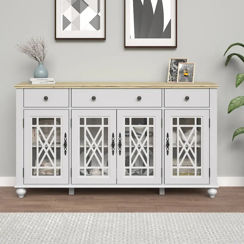 Meuble buffet style vintage, Blanc cassé / Vert / Bleu marine, 3 tiroirs et 4 portes vitrées