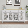 Meuble buffet style vintage, Blanc cassé / Vert / Bleu marine, 3 tiroirs et 4 portes vitrées