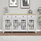 Meuble buffet style vintage, Blanc cassé / Vert / Bleu marine, 3 tiroirs et 4 portes vitrées