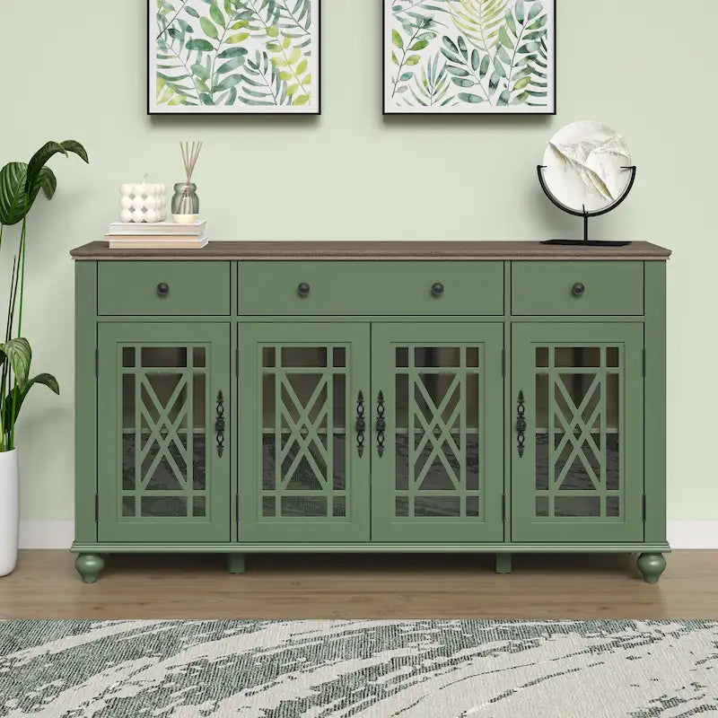 Meuble buffet style vintage, Blanc cassé / Vert / Bleu marine, 3 tiroirs et 4 portes vitrées