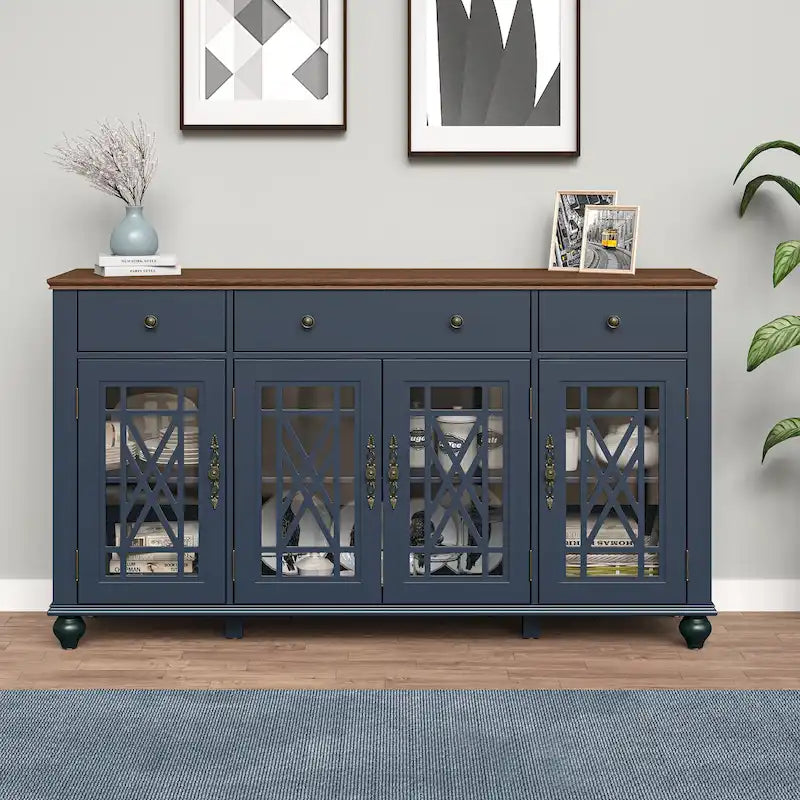 Meuble buffet style vintage, Blanc cassé / Vert / Bleu marine, 3 tiroirs et 4 portes vitrées