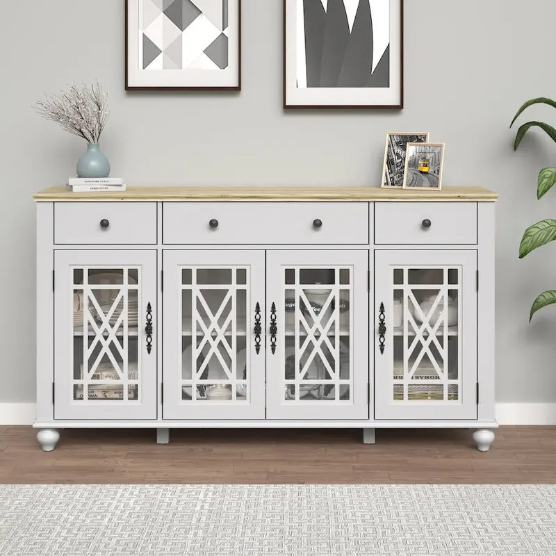 Meuble buffet style vintage, Blanc cassé / Vert / Bleu marine, 3 tiroirs et 4 portes vitrées