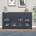Meuble buffet style vintage, Blanc cassé / Vert / Bleu marine, 3 tiroirs et 4 portes vitrées