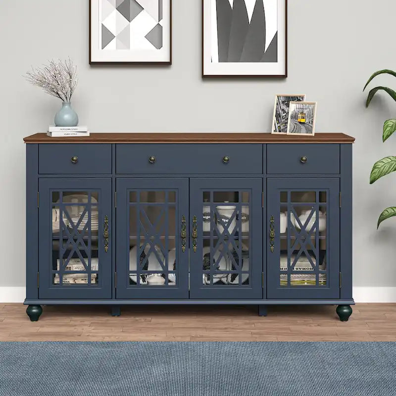 Meuble buffet style vintage, Blanc cassé / Vert / Bleu marine, 3 tiroirs et 4 portes vitrées