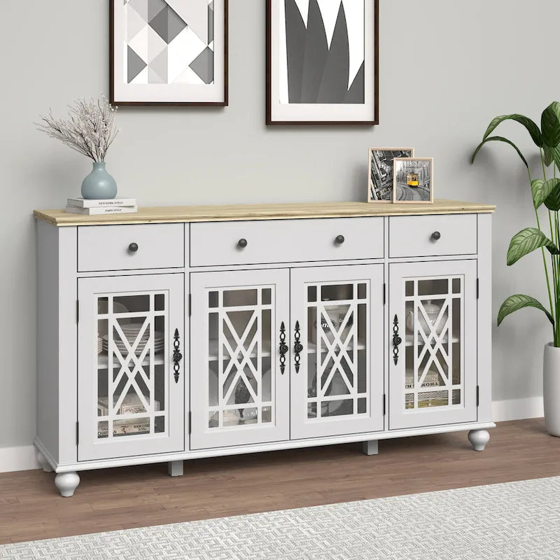 Meuble buffet style vintage, Blanc cassé / Vert / Bleu marine, 3 tiroirs et 4 portes vitrées