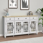 Meuble buffet style vintage, Blanc cassé / Vert / Bleu marine, 3 tiroirs et 4 portes vitrées