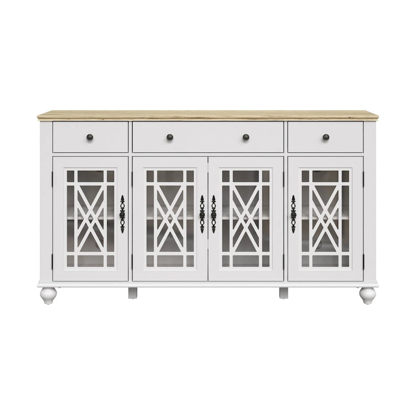 Meuble buffet style vintage, Blanc cassé / Vert / Bleu marine, 3 tiroirs et 4 portes vitrées