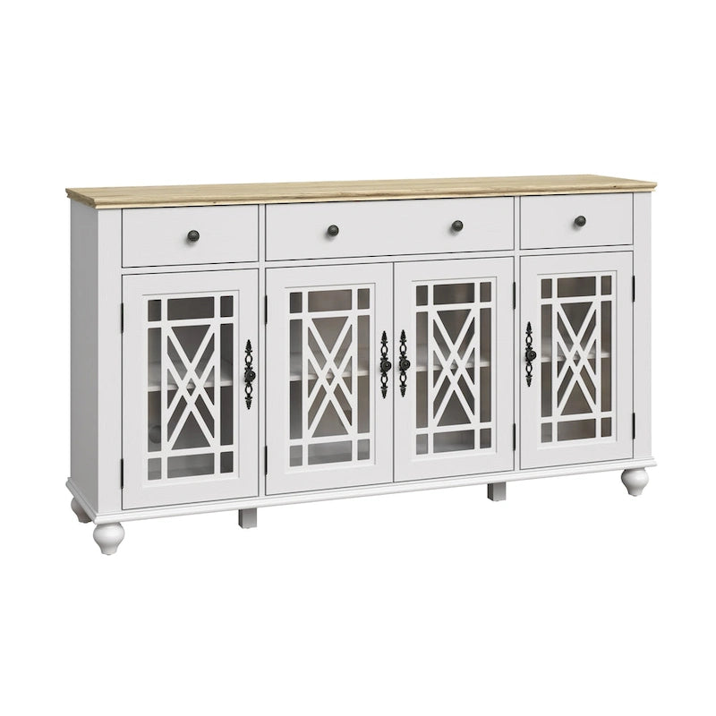 Meuble buffet style vintage, Blanc cassé / Vert / Bleu marine, 3 tiroirs et 4 portes vitrées