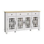 Meuble buffet style vintage, Blanc cassé / Vert / Bleu marine, 3 tiroirs et 4 portes vitrées