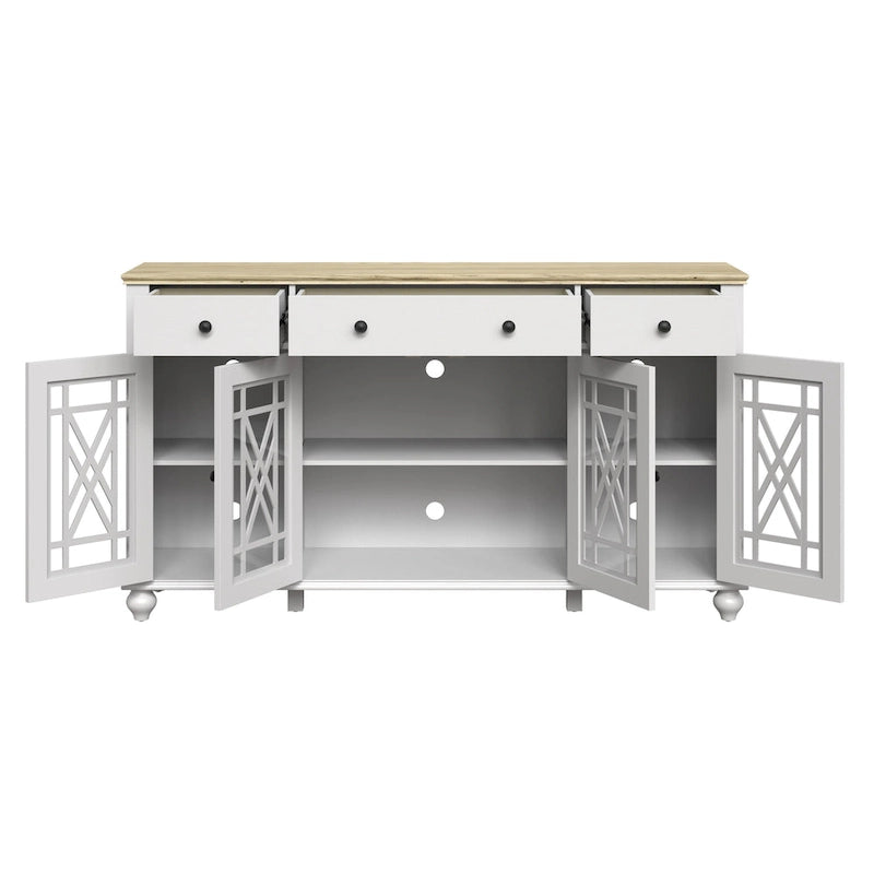 Meuble buffet style vintage, Blanc cassé / Vert / Bleu marine, 3 tiroirs et 4 portes vitrées