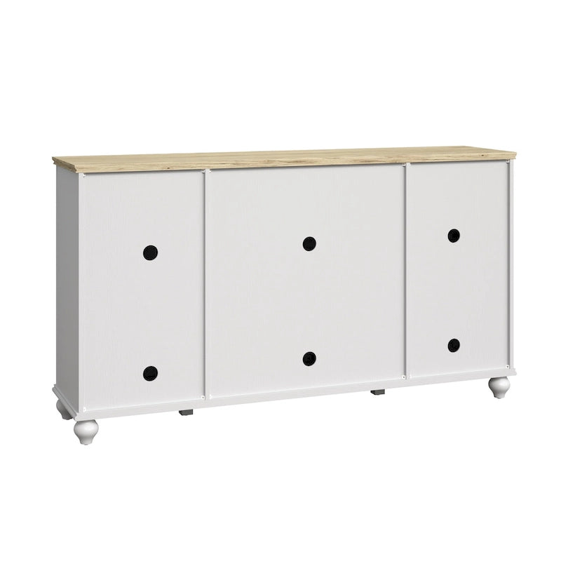 Meuble buffet style vintage, Blanc cassé / Vert / Bleu marine, 3 tiroirs et 4 portes vitrées