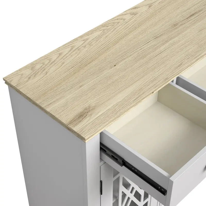 Meuble buffet style vintage, Blanc cassé / Vert / Bleu marine, 3 tiroirs et 4 portes vitrées