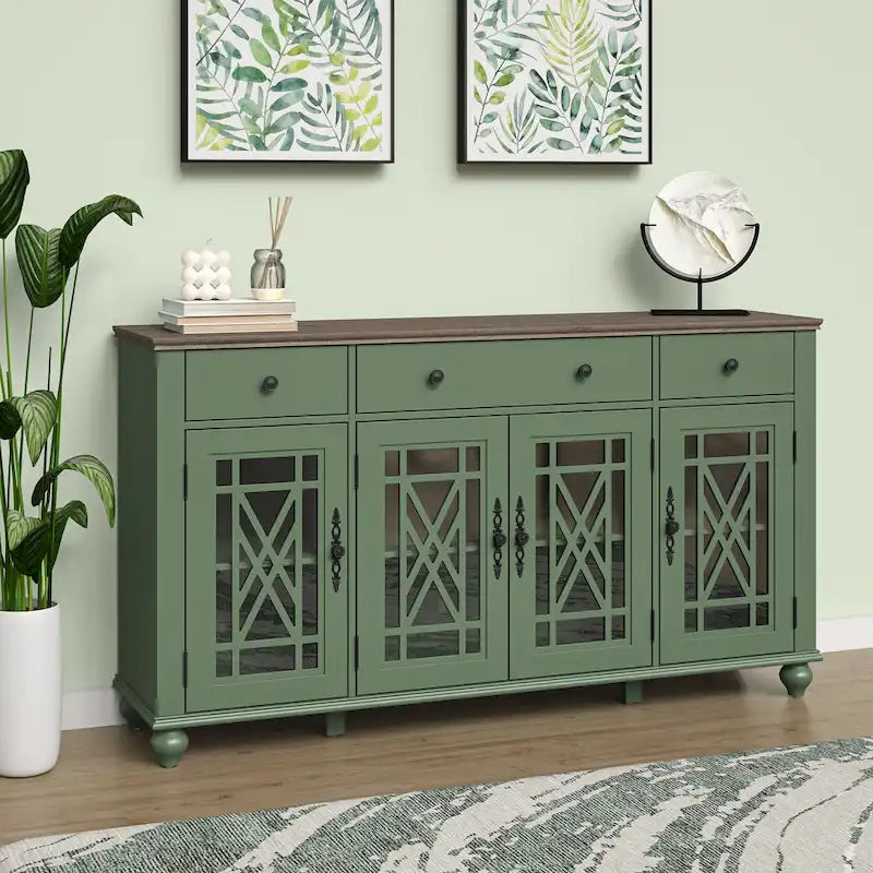 Meuble buffet style vintage, Blanc cassé / Vert / Bleu marine, 3 tiroirs et 4 portes vitrées
