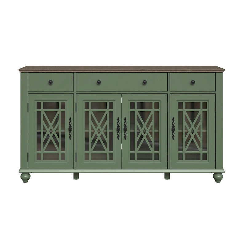 Meuble buffet style vintage, Blanc cassé / Vert / Bleu marine, 3 tiroirs et 4 portes vitrées