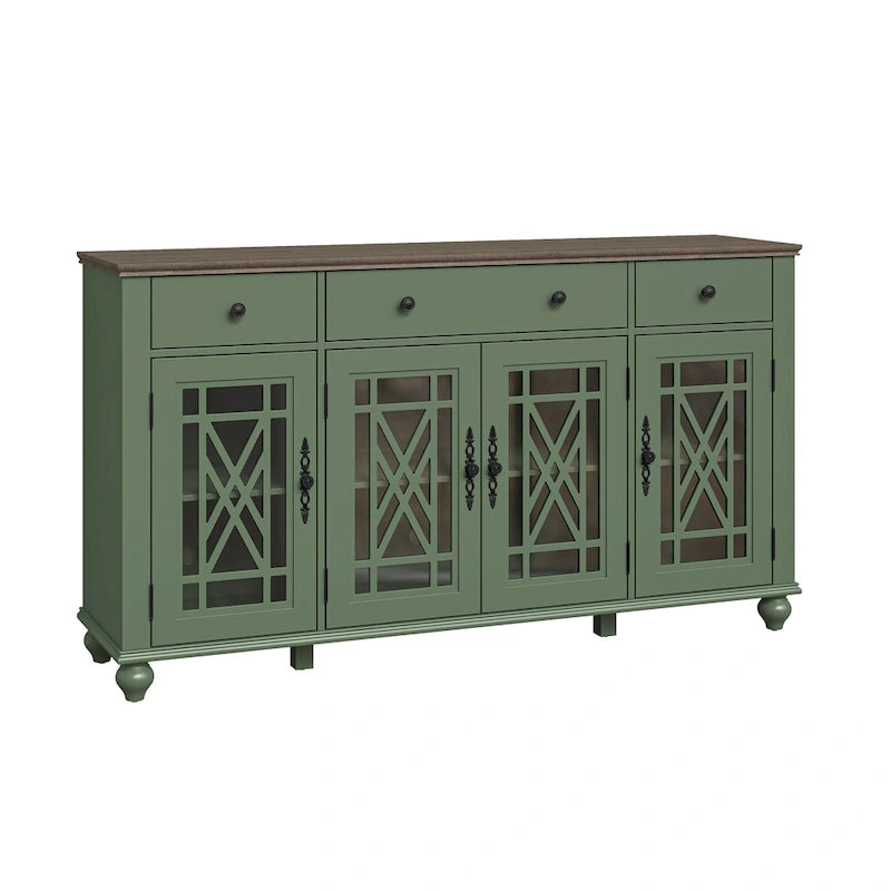 Meuble buffet style vintage, Blanc cassé / Vert / Bleu marine, 3 tiroirs et 4 portes vitrées