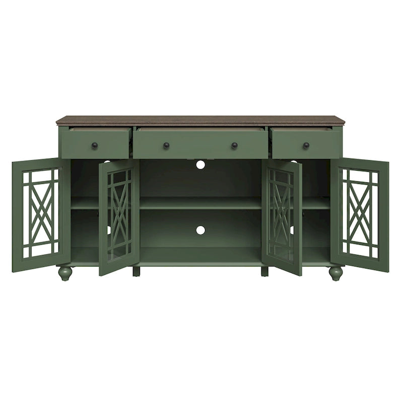 Meuble buffet style vintage, Blanc cassé / Vert / Bleu marine, 3 tiroirs et 4 portes vitrées