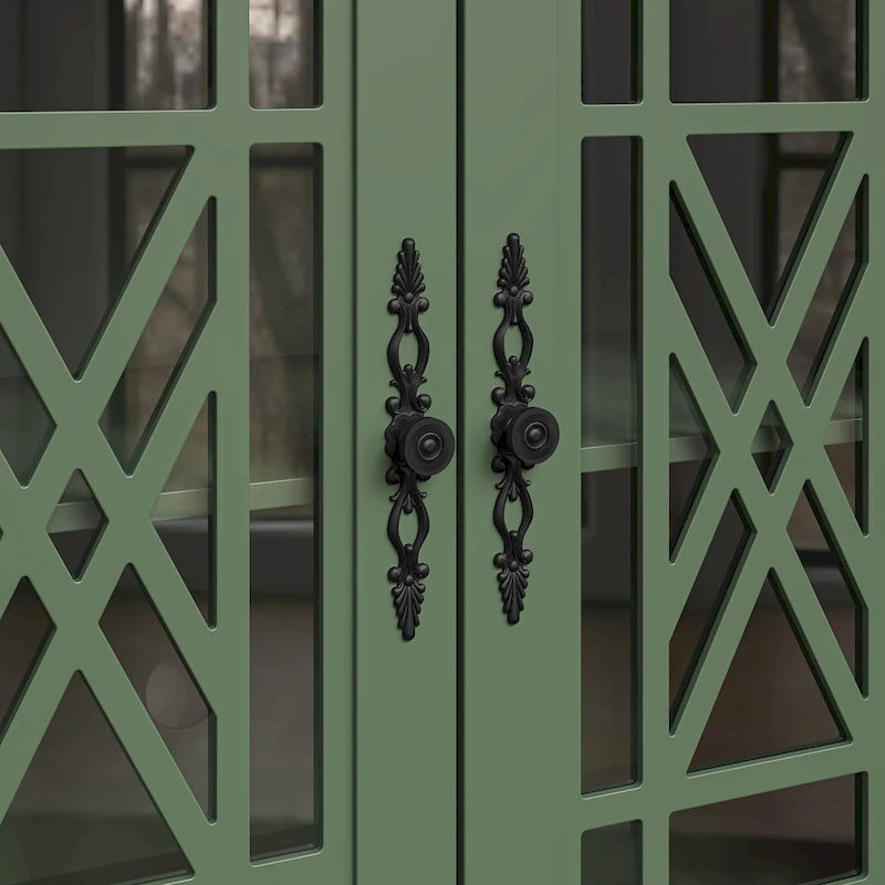 Meuble buffet style vintage, Blanc cassé / Vert / Bleu marine, 3 tiroirs et 4 portes vitrées
