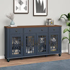 Meuble buffet style vintage, Blanc cassé / Vert / Bleu marine, 3 tiroirs et 4 portes vitrées