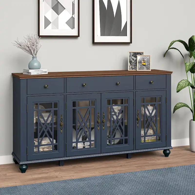Meuble buffet style vintage, Blanc cassé / Vert / Bleu marine, 3 tiroirs et 4 portes vitrées