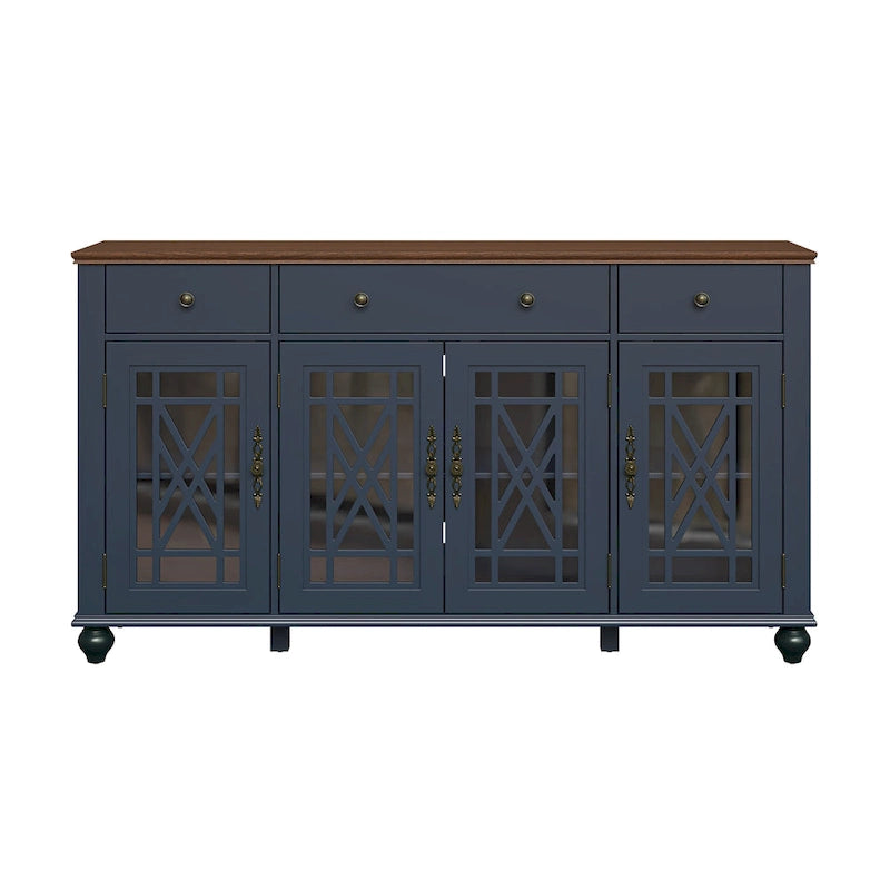 Meuble buffet style vintage, Blanc cassé / Vert / Bleu marine, 3 tiroirs et 4 portes vitrées