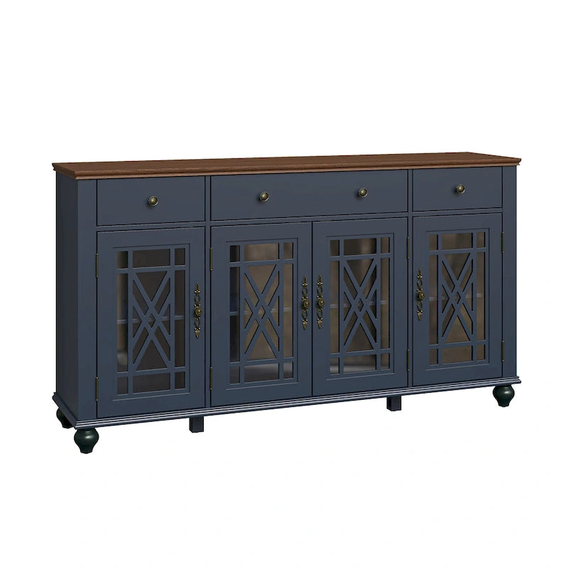 Meuble buffet style vintage, Blanc cassé / Vert / Bleu marine, 3 tiroirs et 4 portes vitrées