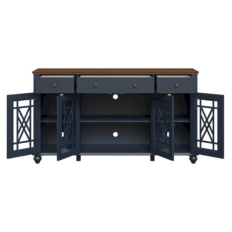 Meuble buffet style vintage, Blanc cassé / Vert / Bleu marine, 3 tiroirs et 4 portes vitrées